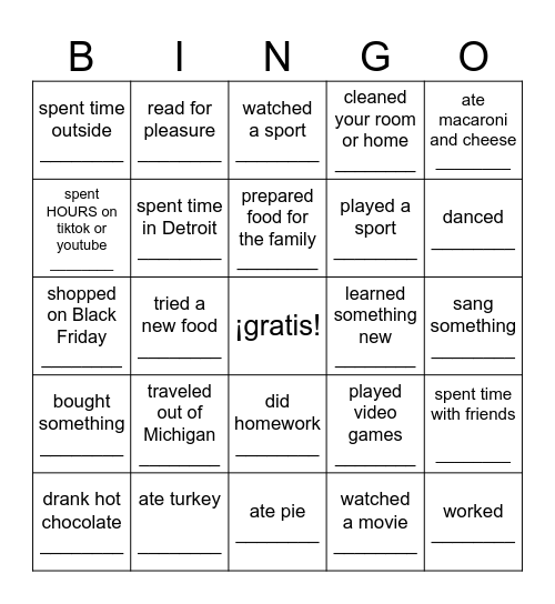 During Thanksgiving break Bingo Card