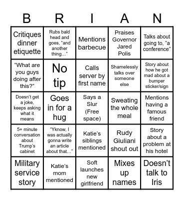 Dinner with Katie’s Dad Bingo Card