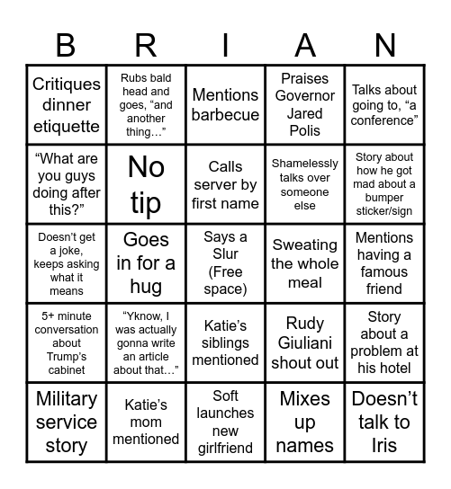 Dinner with Katie’s Dad Bingo Card