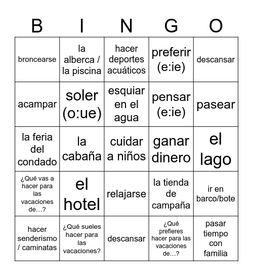 Mi Rutina del Verano Bingo Card