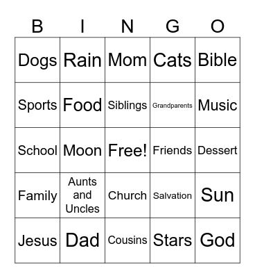 Thankfulness Bingo Card