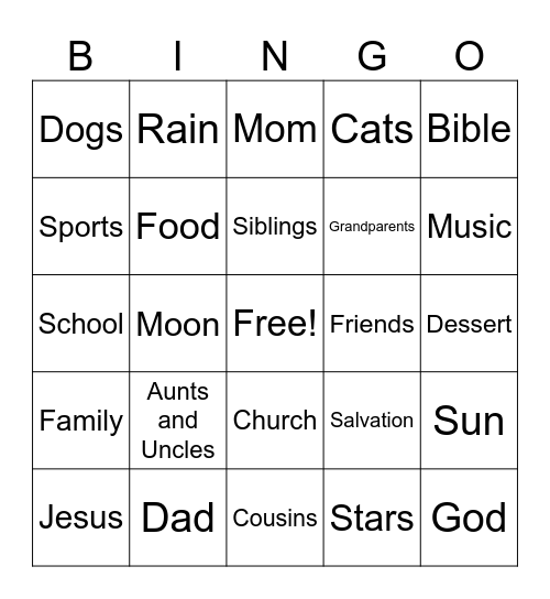 Thankfulness Bingo Card