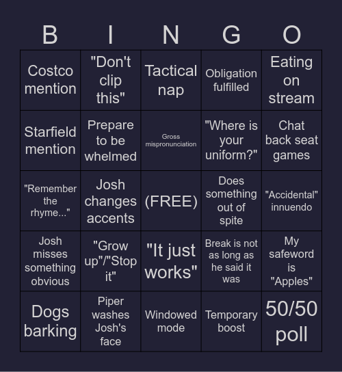 Josh Strife Hayes Stream Bingo Card