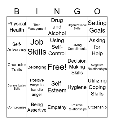 Soical Skills Bingo Card