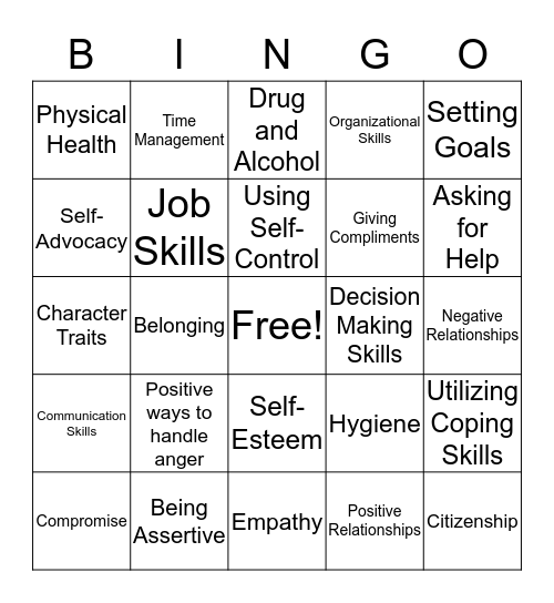Soical Skills Bingo Card