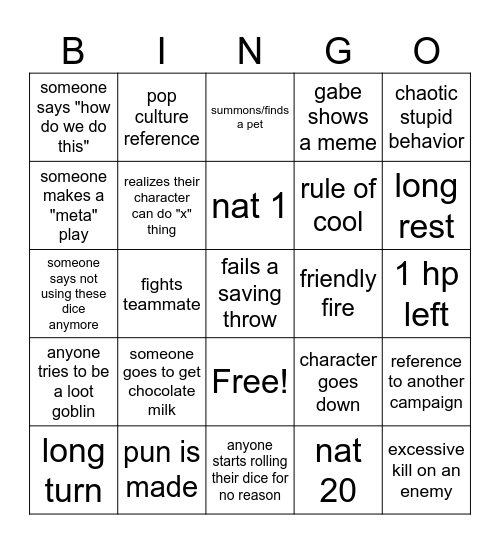 Super Awesome Exciting DnD Bingoooooooooo Bingo Card