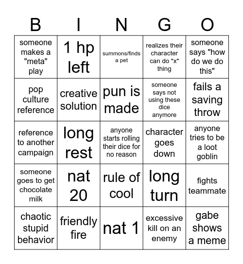 Super Awesome Exciting DnD Bingoooooooooo Bingo Card