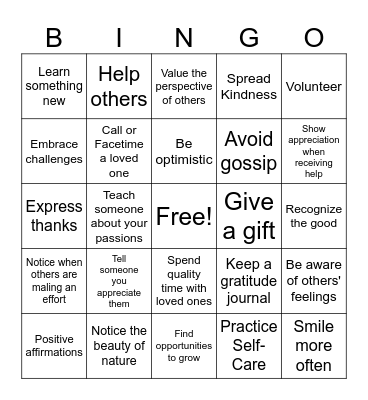 Gratitude Bingo Card