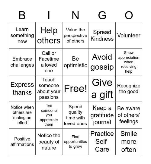 Gratitude Bingo Card