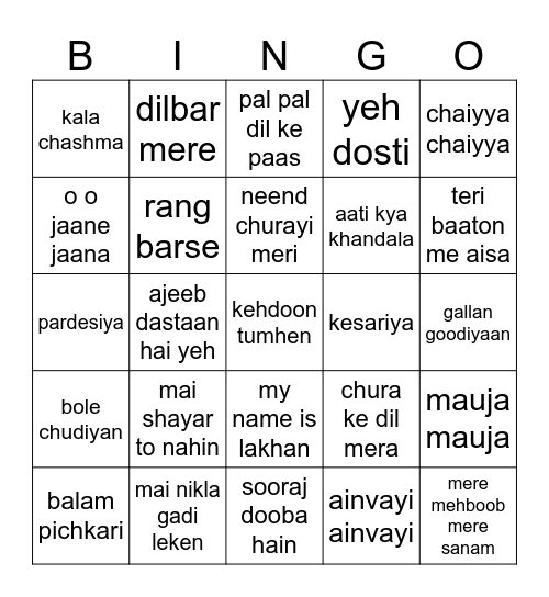 BOLLYWOOD BINGO Card