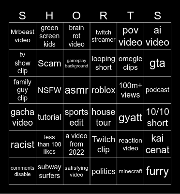 YouTube shorts Bingo Card
