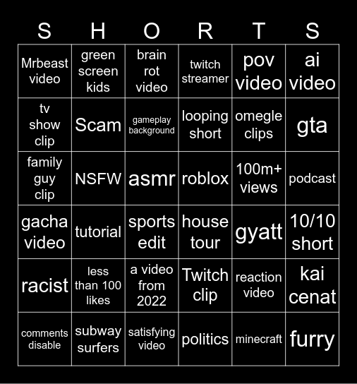 YouTube shorts Bingo Card