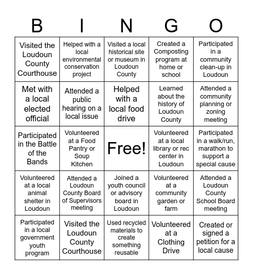 Political Awareness and Involvement "Have you Ever" Bingo Card