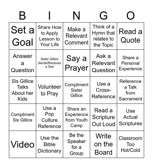 Sunday School Bingo Card