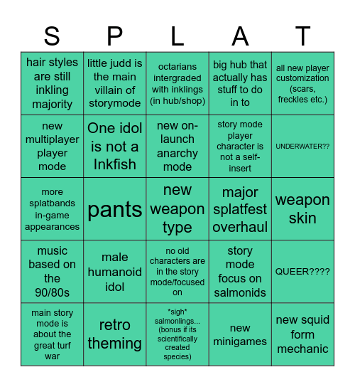 Splatoon 4 prediction Bingo Card