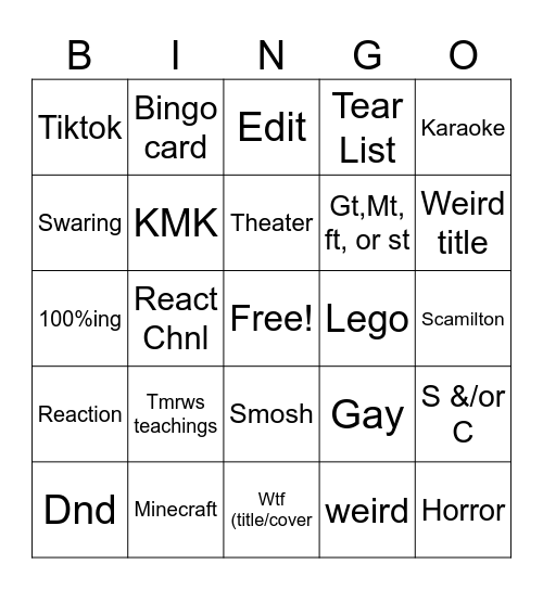 YouTube bingo Card