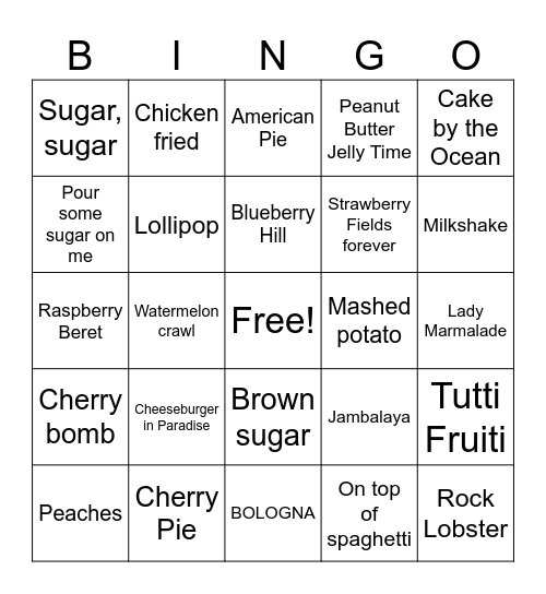 Songs with Food in title / song Bingo Card