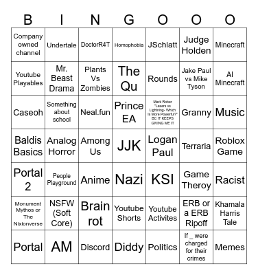 Youtube Recommended System Bingo Card