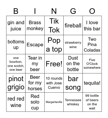 "Drinking" Songs Bingo Card