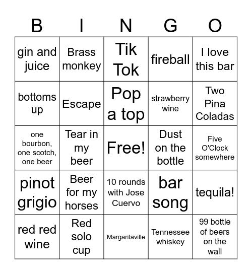 "Drinking" Songs Bingo Card