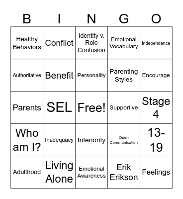Social/Emotional Development in Adolescence Bingo Card