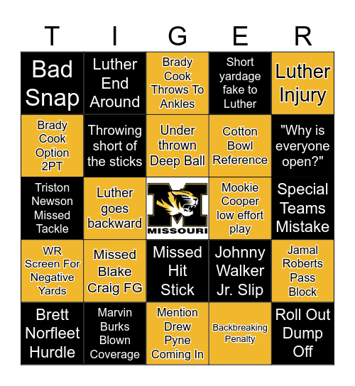 Mizzou Football Bingo - For TV Bingo Card