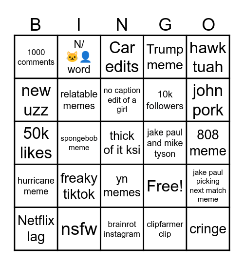 Tiktok Bingo Card