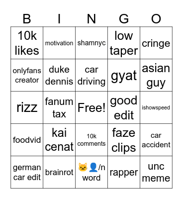 instagram Bingo Card