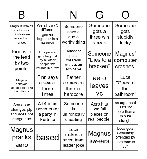 Very cool and epic bingo Card