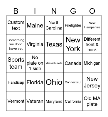 Thanksgiving License Plates Bingo Card