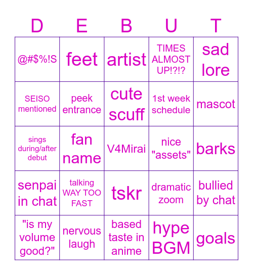 VTuber Debut Bingo Card