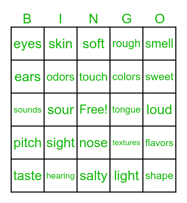 The 5 Senses Bingo Card