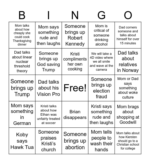 Thanksgiving at Kristi’s Bingo Card