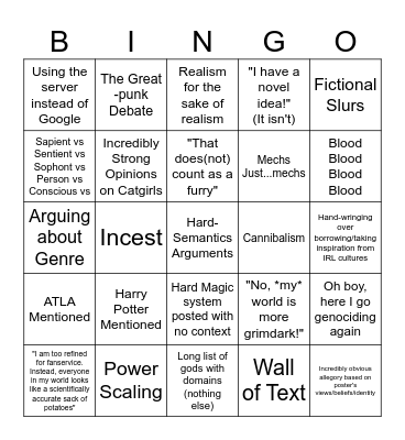 Arr slash Worldbuilding server BINGO Card