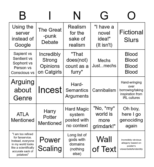 Arr slash Worldbuilding server BINGO Card