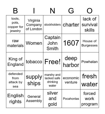 Jamestown Bingo Card