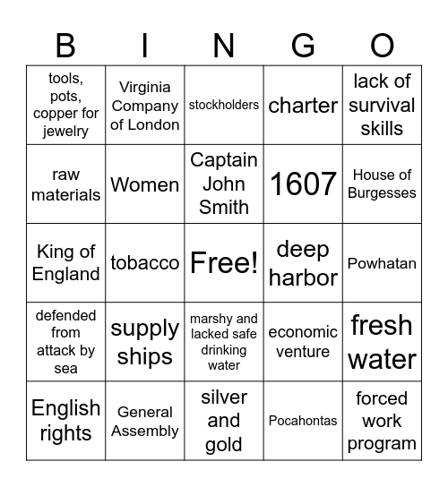 Jamestown Bingo Card