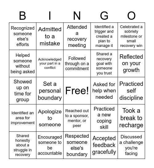 Accountability Bingo Card