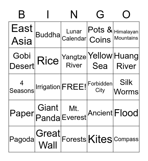 Ancient China Bingo Card
