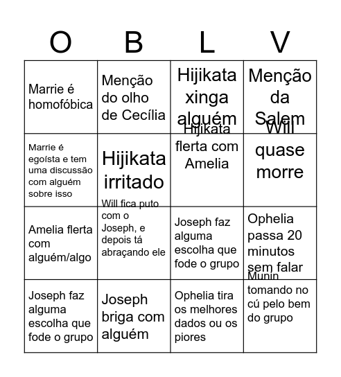 BINGO DO OBLIVIO OBIBLES OBLIBIS OB Bingo Card