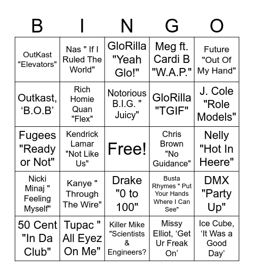 Hip HopG Bingo Card