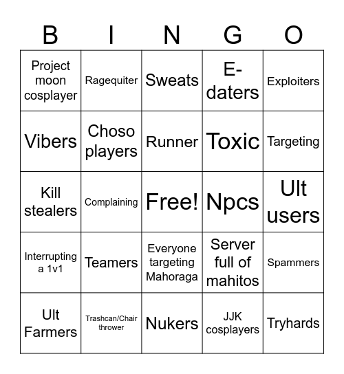 The JJS server bingo Card