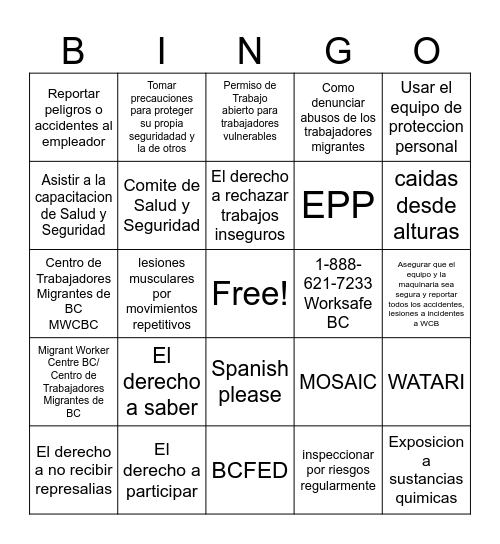 Loteria de Salud y Seguridad BCFED Bingo Card