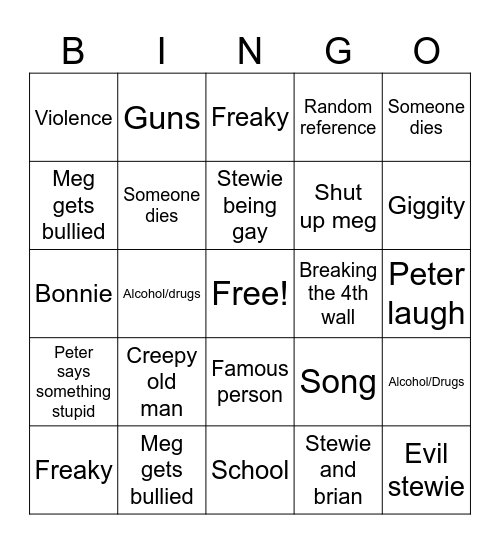 Family guy Bingo Card