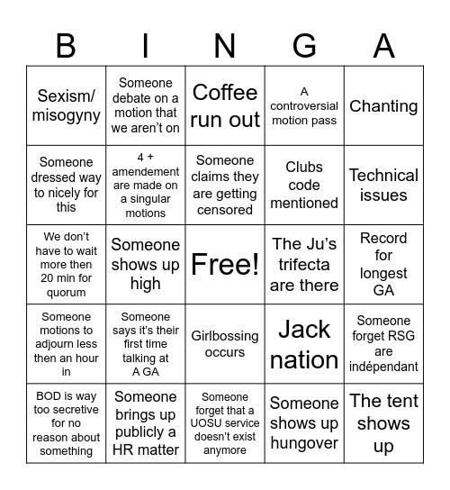 Falls AGA 2024 D’automne Bingo Card