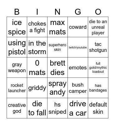 fornite Bingo Card