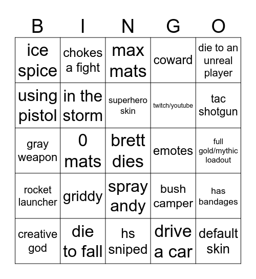 fornite Bingo Card