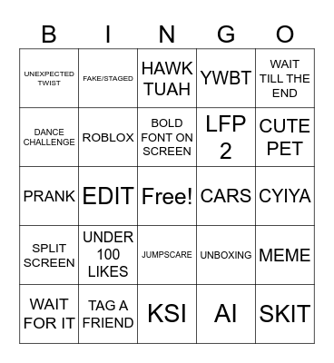 YOUTUB SHORS Bingo Card