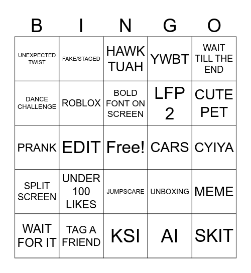 YOUTUB SHORS Bingo Card
