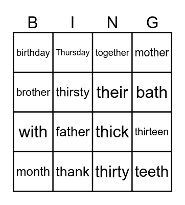 th words Bingo Card